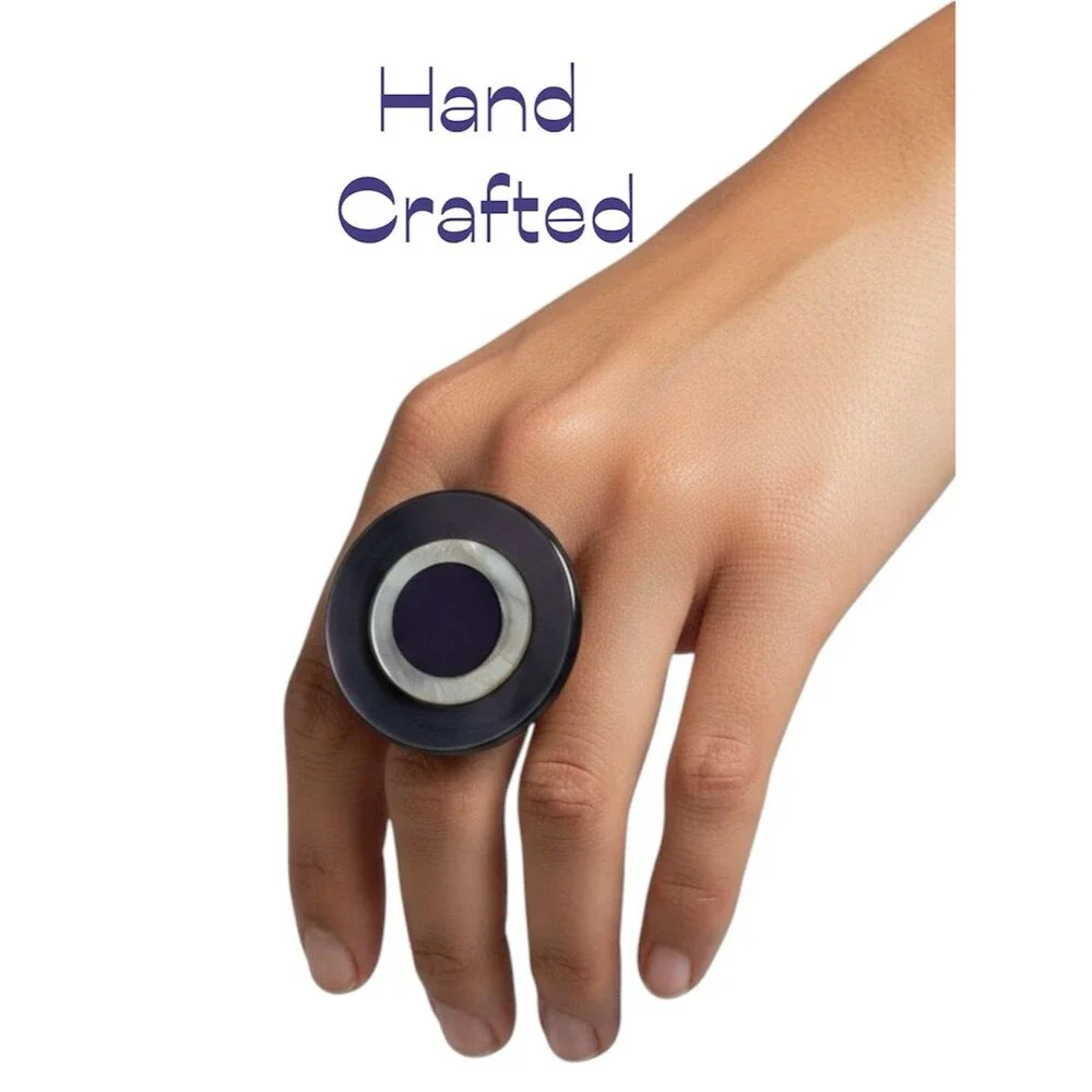 Hand Crafted 1970s Mother Of Pearl W Purple Velvet Buttons Ring NWT